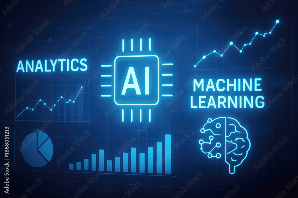 Poster ai and machine learning concept with data visualizations and brain icon artificial intelligence tech
