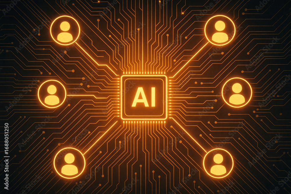 Poster ai network connecting human icons around a central processor chip artificial intelligence connection