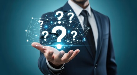 Enigmatic Businessman Holding Glowing Question Marks in Networked Hand