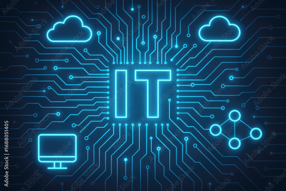 Poster blue it symbol with cloud and computer icons on a digital circuit board technology information