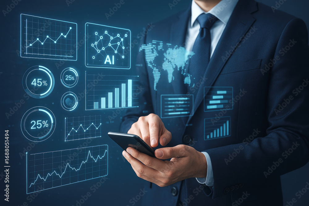 Poster businessman analyzing financial data and ai insights on a futuristic digital interface with smartpho