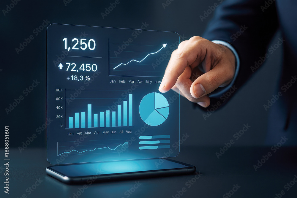 Poster businessman pointing at a blue holographic financial data screen with charts and numbers on a smartp