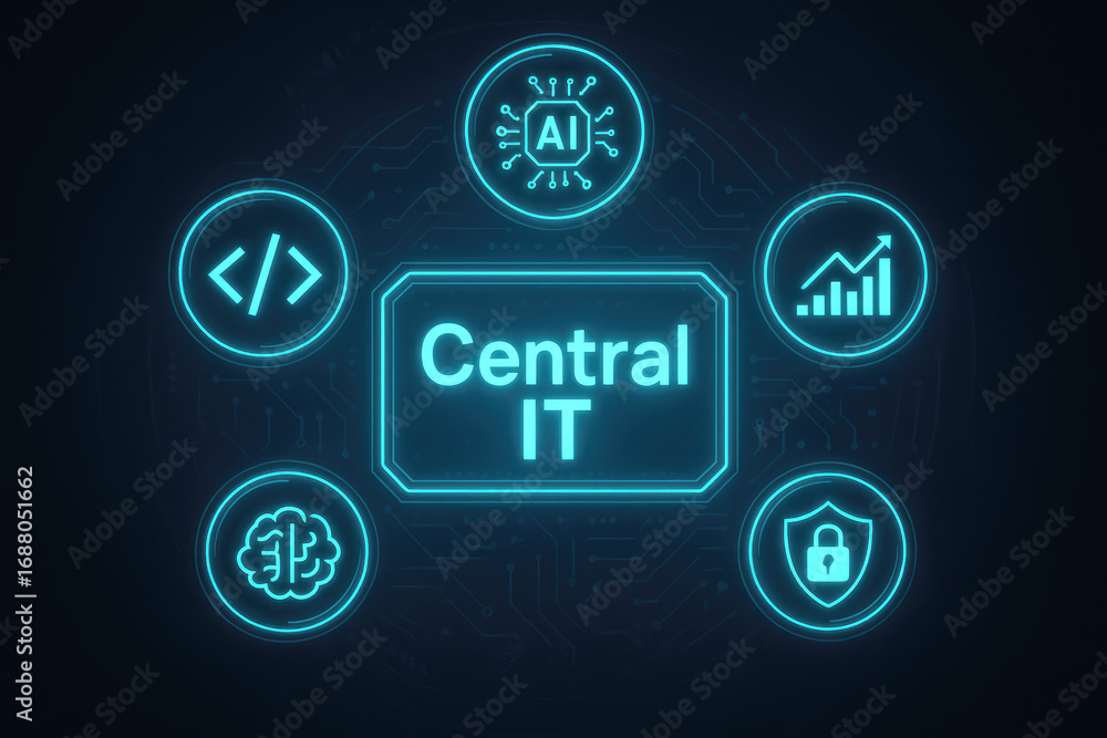Poster central it concept with glowing icons for ai coding data security and brain network