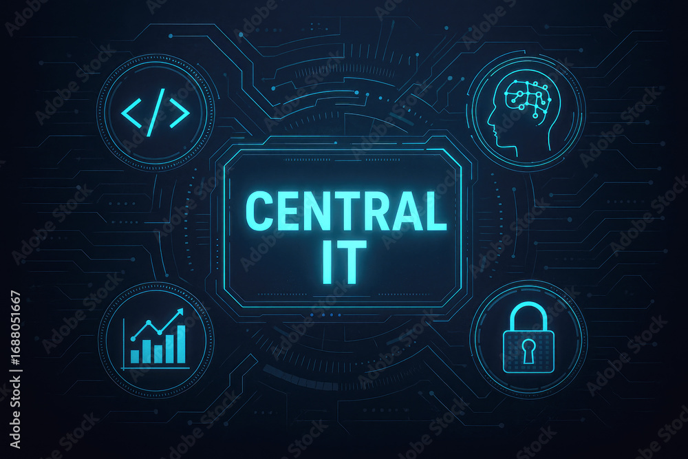 Poster central it concept with glowing icons for ai coding data security and human brain