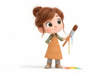 A girl holding a paintbrush with colorful paint dripping from it, happy and creative, 3d animation, isolated on a white background