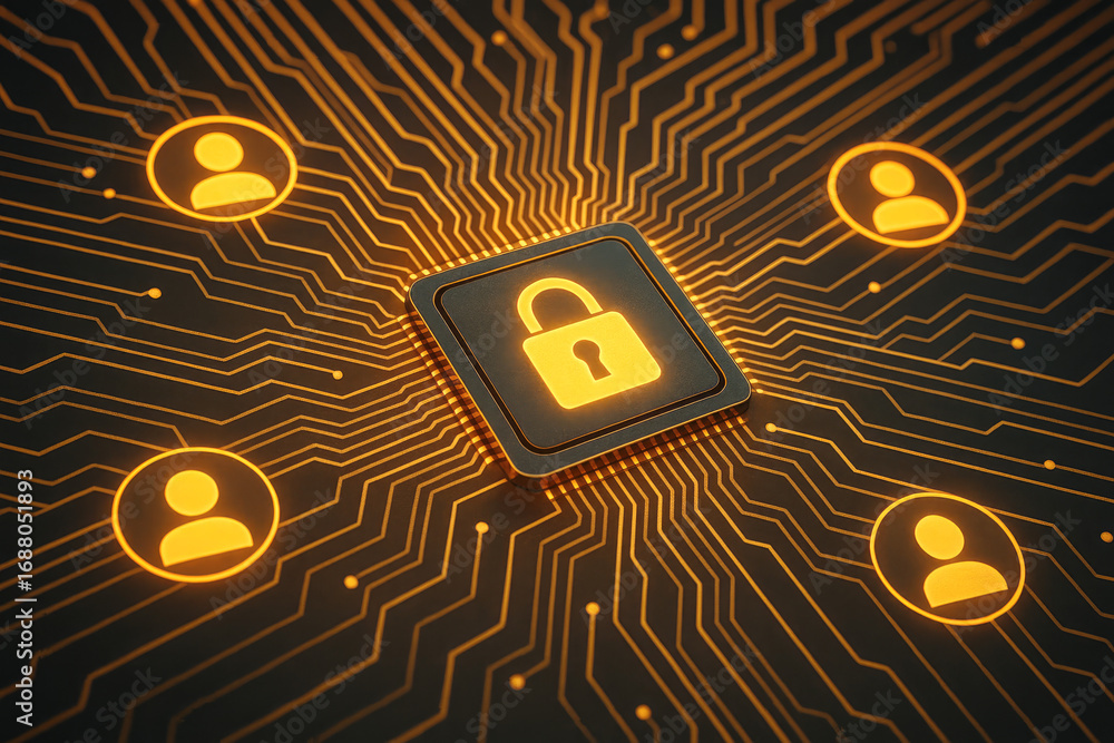 Aufkleber central processor with padlock symbol and user icons on circuit board technology computer