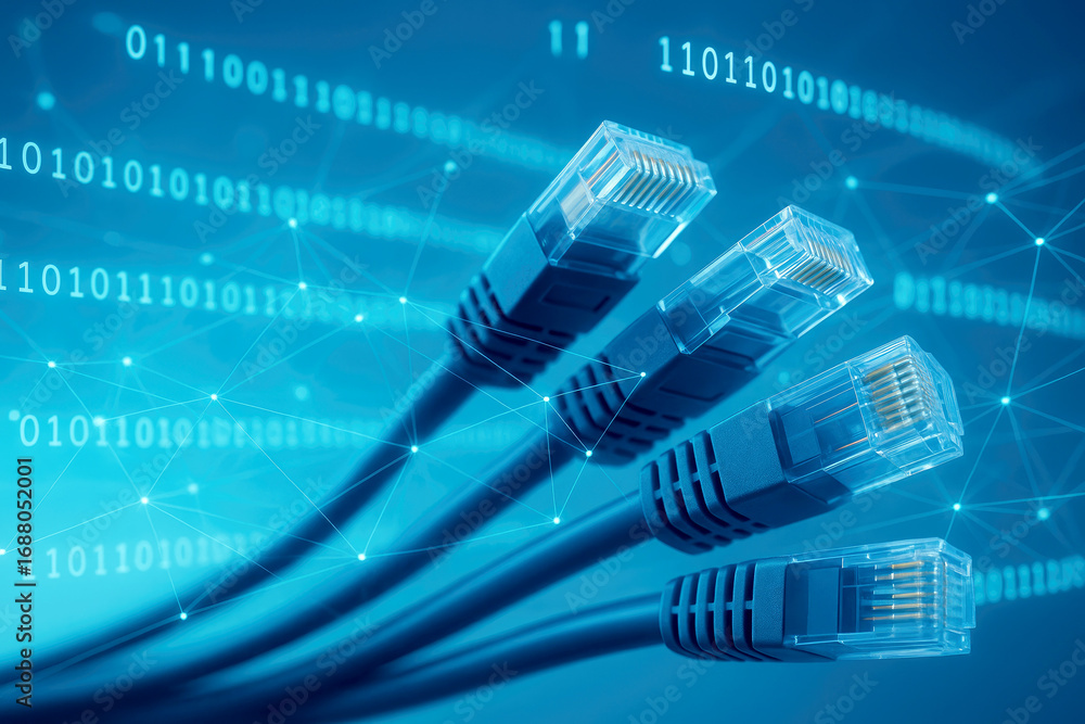 Poster close-up of multiple blue ethernet network cables with rj45 connectors against a digital binary code