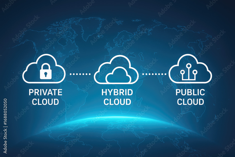 Aufkleber cloud computing diagram showing private hybrid and public cloud options with world map background te