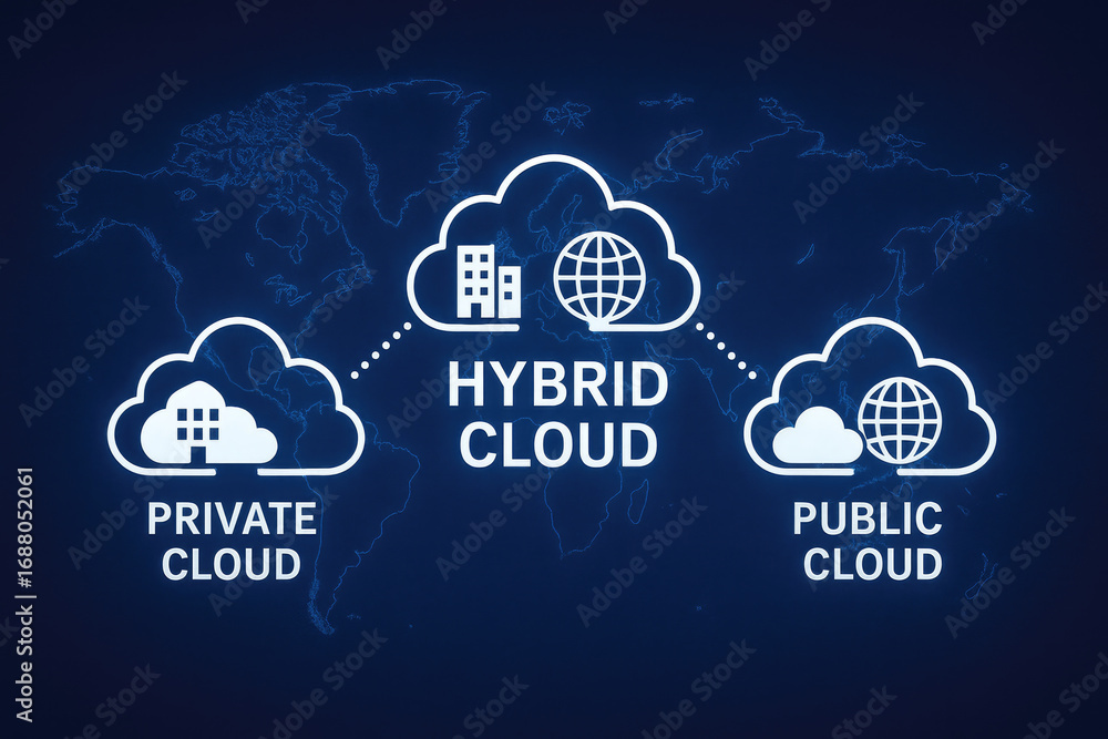 Aufkleber cloud computing diagram with private hybrid and public cloud icons and world map technology data