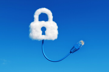 Cloud shaped padlock with a keyhole connected to a blue ethernet cable against a blue sky cloud computing