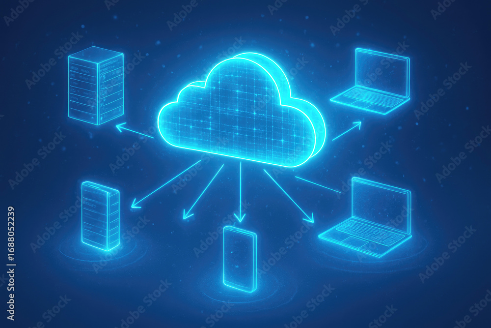 Poster digital cloud computing network connecting devices and servers with glowing blue lines technology da