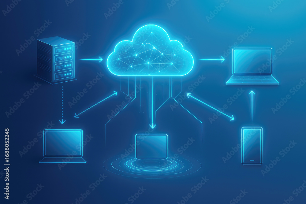 Poster digital cloud computing network connecting servers laptops tablets and smartphones technology data