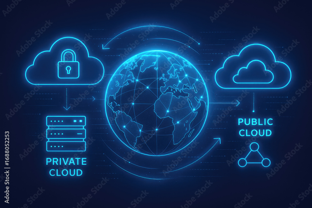Poster digital cloud computing network with private and public cloud icons and globe technology data
