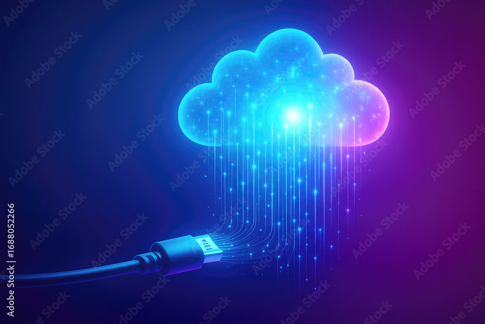 Poster digital cloud connection with glowing data streams and usb cable cloud computing data transfer