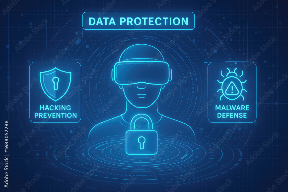 Poster digital illustration of data protection with a person in vr headset and icons for hacking prevention