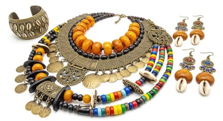 Fototapeta premium Bohemian Style Jewelry Set: Necklace, Bracelet, and Earrings on White Background