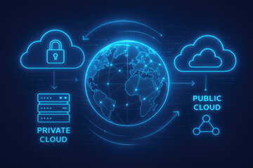 Digital Cloud Computing Network with Private and Public Cloud Icons and Globe technology data