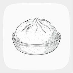 Detailed Ink Illustration of a Steaming Chinese Dumpling in a Bowl on White Background