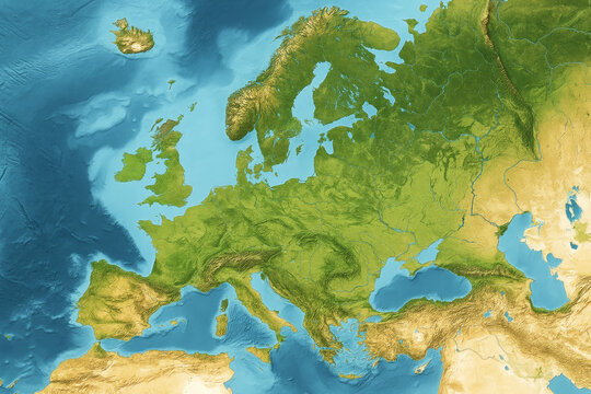 Detailed Topographical Map of Europe Showing Land and Water Features Keywords: Europe, map, topography, land, water, geography, physical map, continent, European continent, earth, world, terrain
