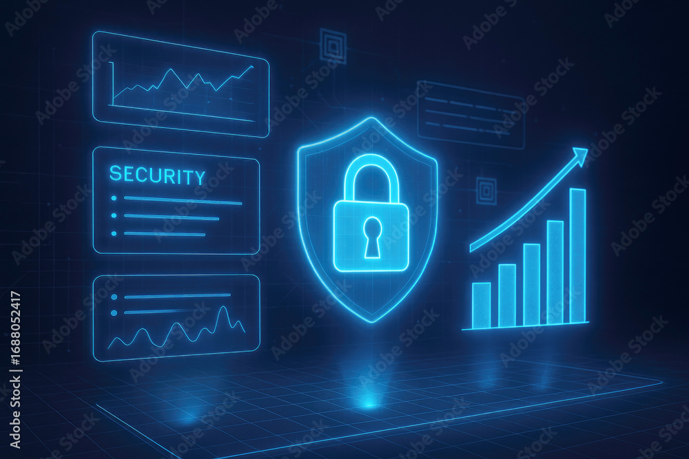 Poster digital security interface with shield, graphs, and data analysis technology
