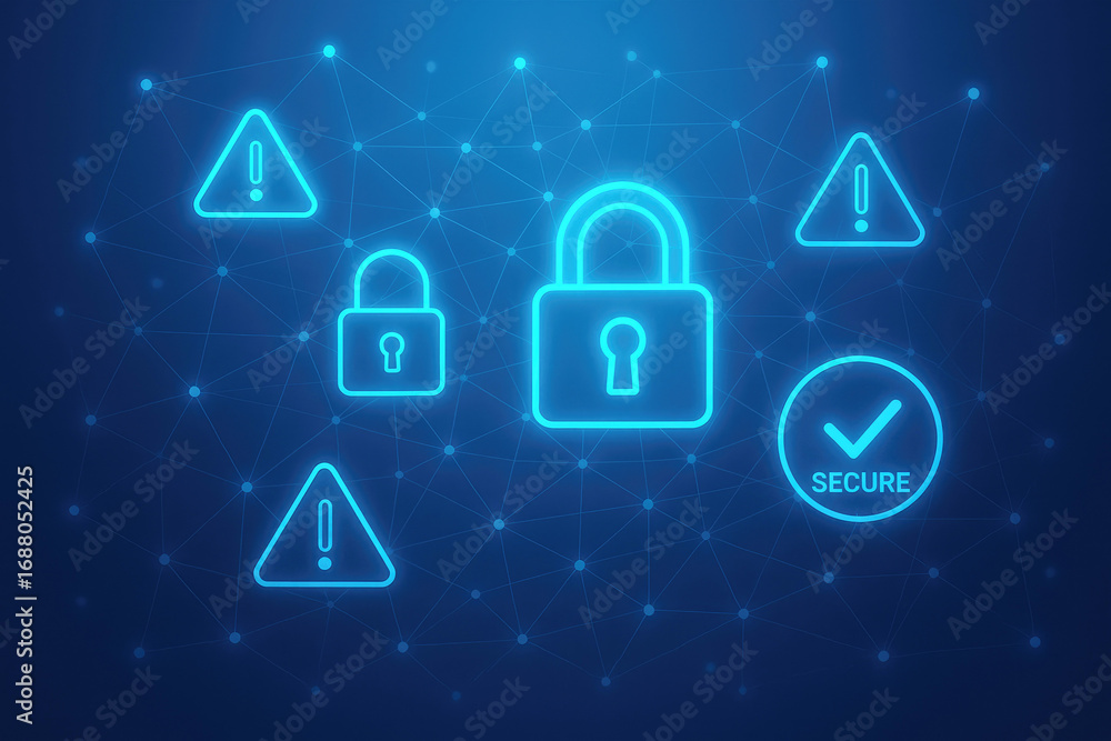Poster digital security network with padlocks and warning signs cybersecurity connection