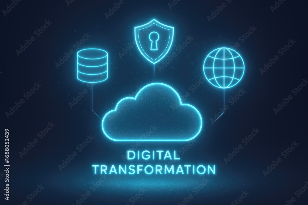 Aufkleber digital transformation concept with cloud database shield and globe icons technology security