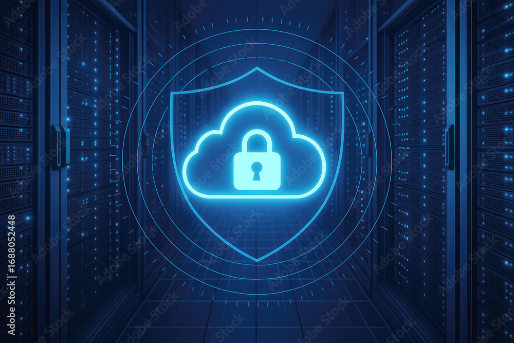 Poster digital shield protecting cloud icon with padlock in server room security data