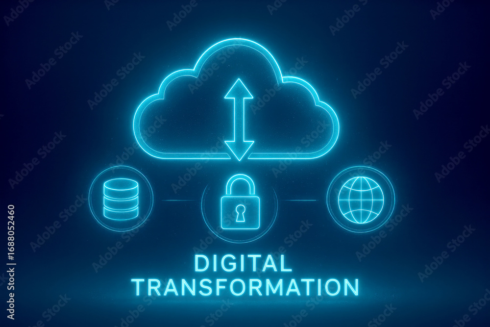 Poster digital transformation with cloud data security and global connection icons and up down arrows techn