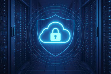 Digital Shield Protecting Cloud Icon With Padlock In Server Room security data