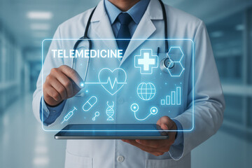 Doctor using tablet displaying telemedicine interface with medical icons technology healthcare