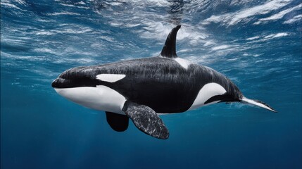 Obraz premium Majestic Orca Swimming Gracefully Beneath Waves in Clear Ocean Waters