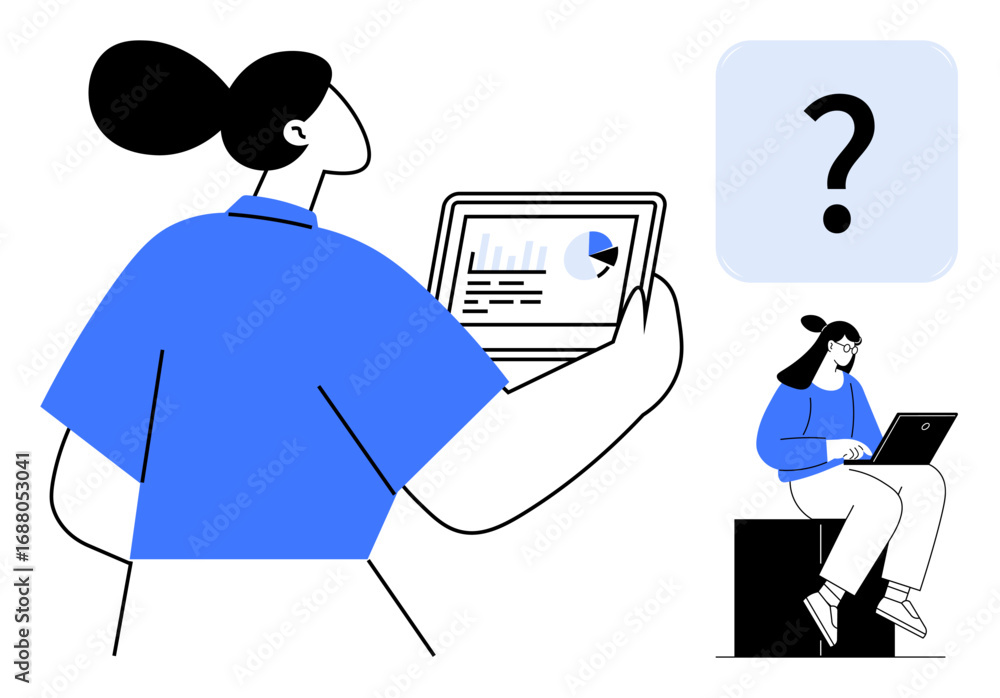 Poster female character studies pie chart on tablet while another works on laptop beside a question mark. i