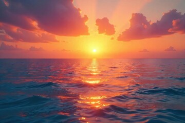 Fototapeta premium A vibrant sunset over a calm ocean, reflecting the carefree energy of a summer evening Perfect for travel, relaxation, and holiday themes , inspiring, vacation, vibrant