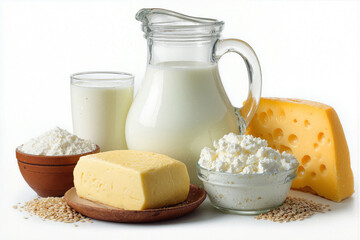 Variety of dairy products on white background: milk, cheese, butter, cream, whey and flour