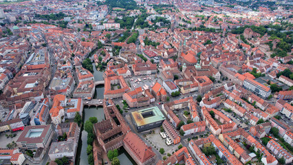 An aerial panorama view above the old town of the city Nuremberg or Nürmberg during an overcast...