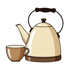 Cartoon illustration of a beige kettle and cup.