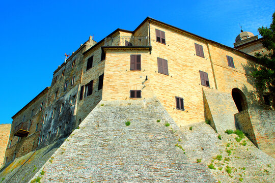 MONSAMPIETRO MORICO, ITALY - JUNE 15, 2025: Hexagonal walls. Built from the Farfa period up to the 16th century, they feature towers, gates, and a noble palace blending into the historic town