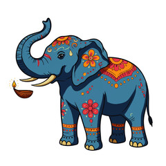 Colorful Indian Elephant Illustration with Traditional Diya Lamp.