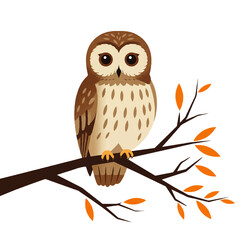 Cute Owl Perched on Autumn Branch Illustration.