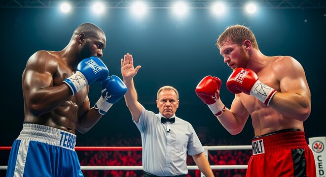 Two boxers facing off in a boxing ring with a referee raising his hand to start the match up close view