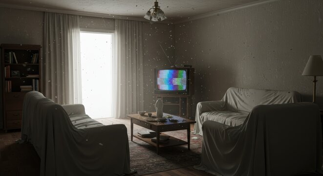 Dreamlike liminal space, a suburban living room frozen in the 1970s, empty of people, furniture covered in white sheets, a static-filled TV screen providing the only light.