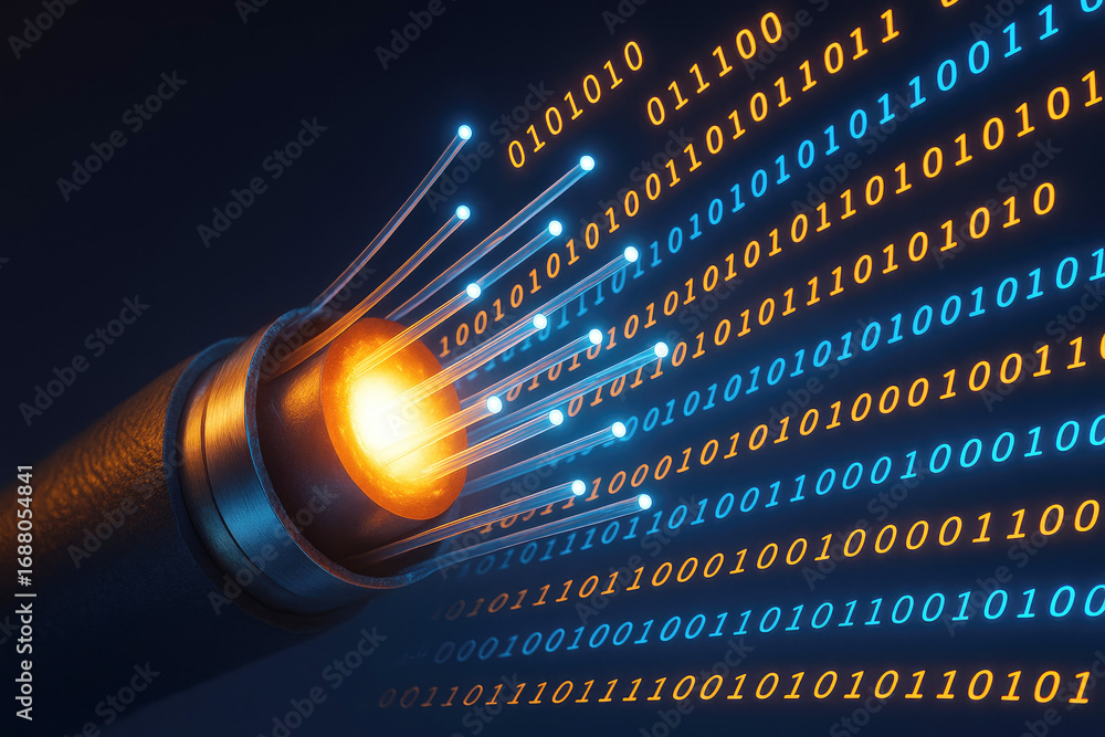 Poster fiber optic cable transmitting data with binary code flowing in orange and blue transmission