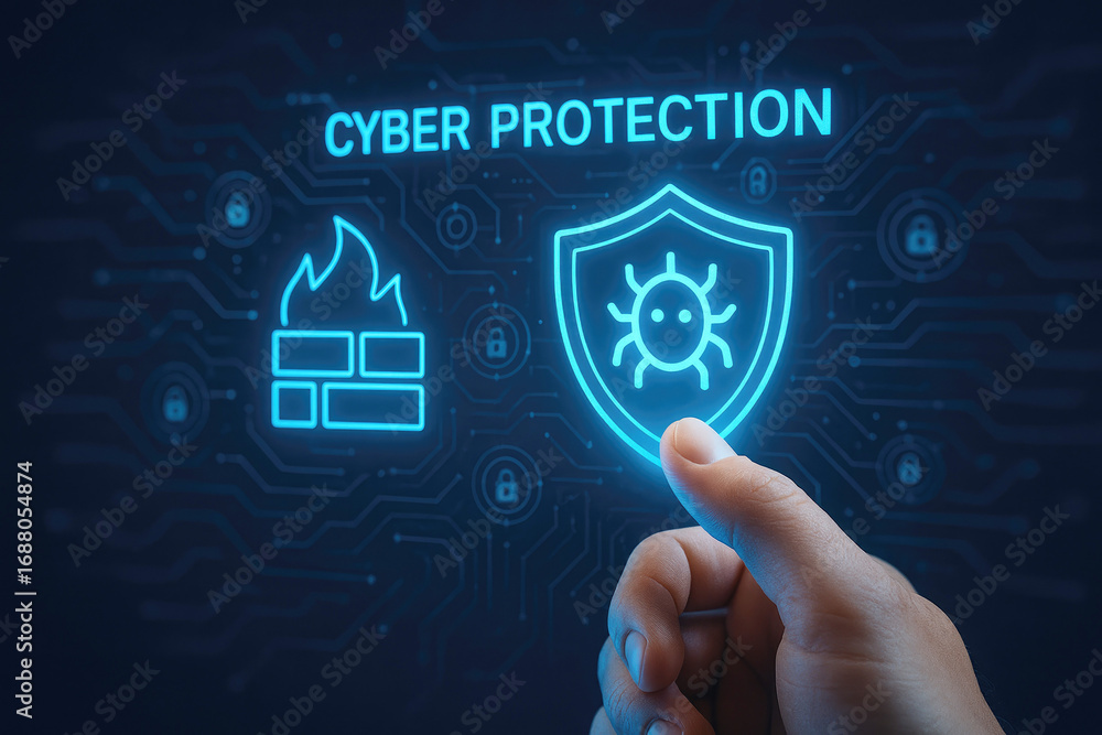 Poster finger touching screen displaying cyber protection shield with bug and firewall icons cybersecurity 