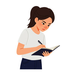 Focused Young Woman Writing in Notebook.