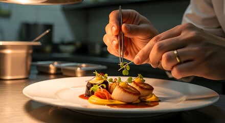 Close-up shot of a chef meticulously plating scallops with tweezers, garnishing a gourmet dish in a warm-lit professional kitchen; 4k video footage.