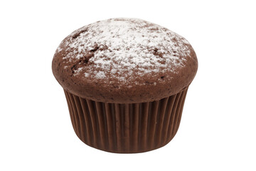 Delicious chocolate muffin sprinkled with powdered sugar on transparent background