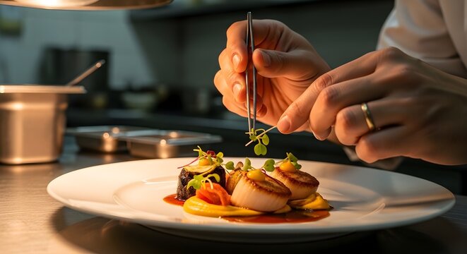 Close-up shot of a chef meticulously plating scallops with tweezers, garnishing a gourmet dish in a warm-lit professional kitchen; 4k video footage. - Powered by Adobe