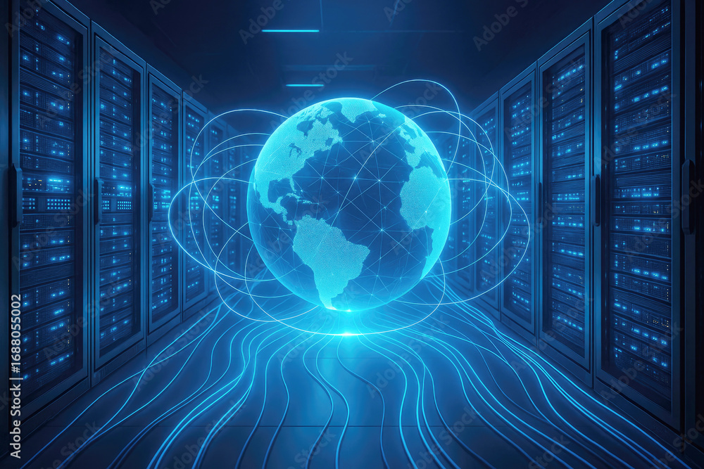 Poster global network connection in a futuristic server room with blue lights data center technology