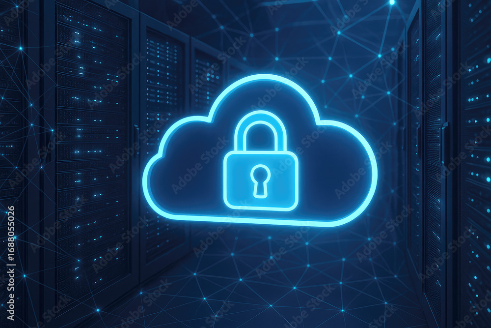 Poster glowing blue cloud security icon with network connections and server racks cloud computing data prot