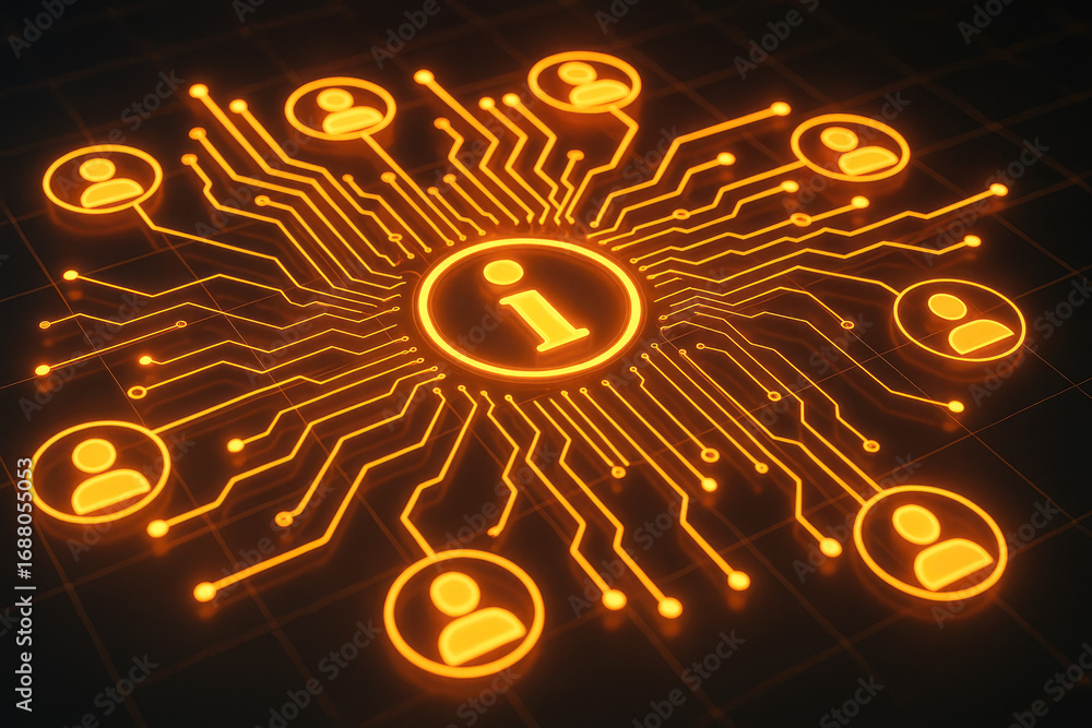 Aufkleber glowing orange circuit board connecting information hub to user icons technology data